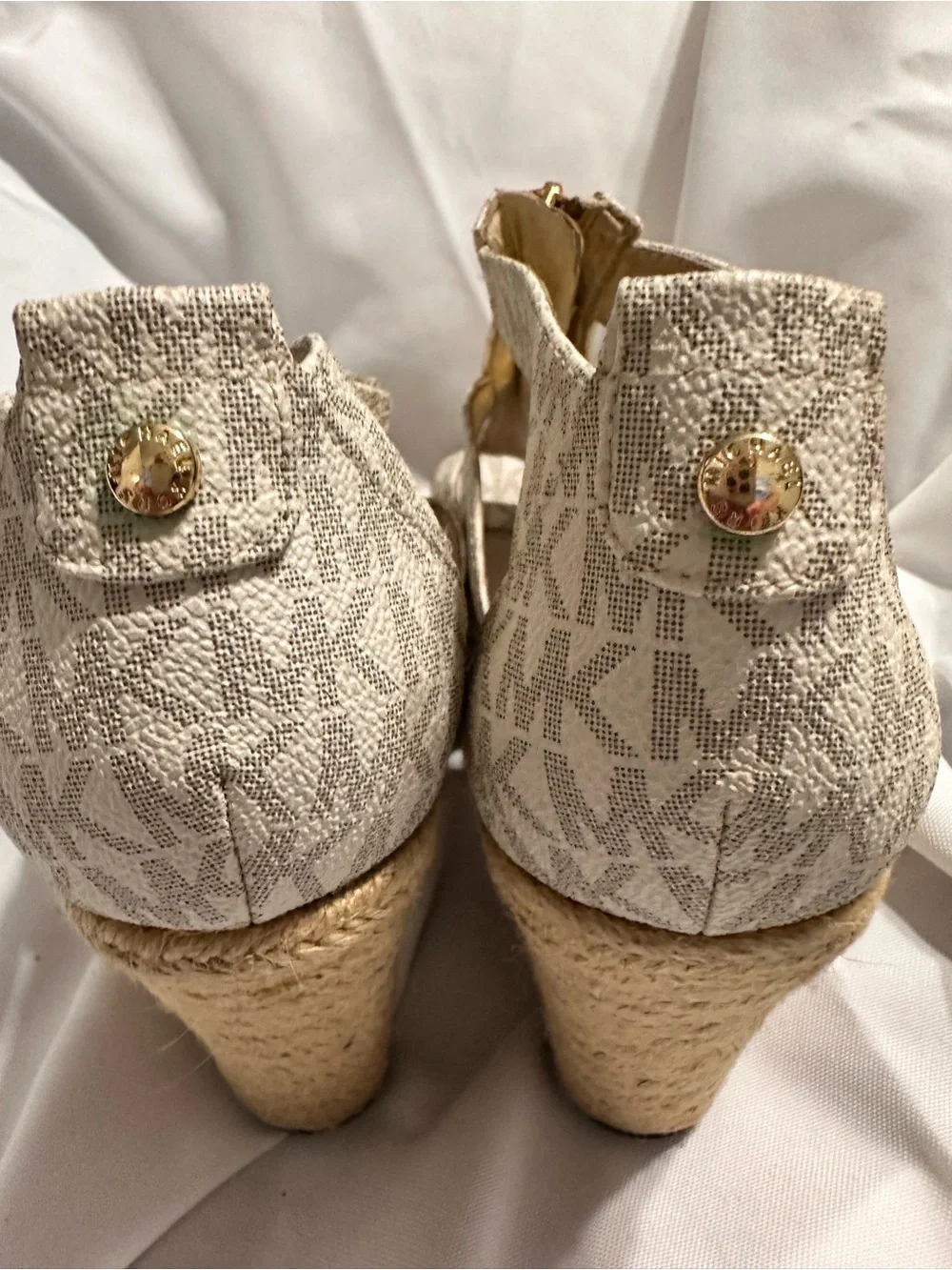 Michael Kors Beige Logo Espadrille Wedge Sandals with Front Zip